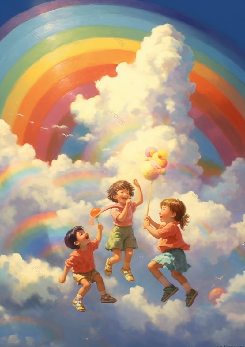 儿童节节日儿童小孩游玩嬉戏天空云彩彩虹可爱唯美插画,插画/手绘图,插画/手绘图库,插画/手绘图下载,插画/手绘